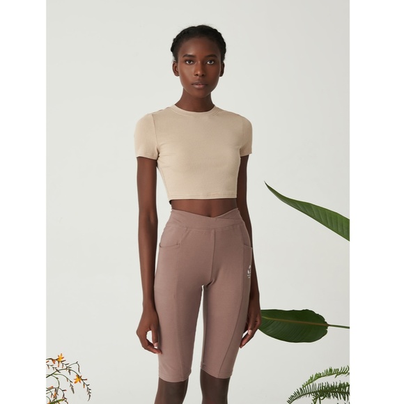 RIb Knit Crop Top in Beige Short Sleeve - Picture 5 of 12